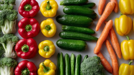 A vibrant assortment of fresh vegetables featuring red bell peppers, yellow bell peppers, zucchini, carrots, and broccoli.