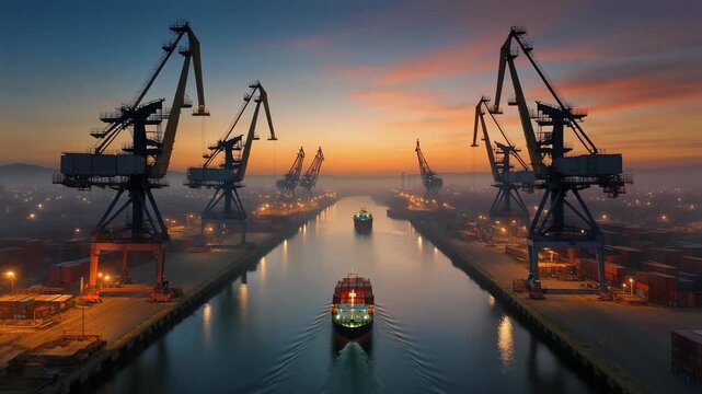 Aerial drone view of cargo ships and massive cranes in a busy industrial port at twilight with glowing city lights and dramatic sunset sky