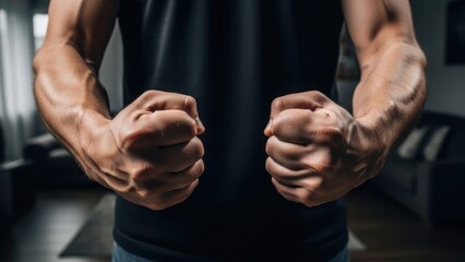 Muscular arms demonstrating strength and fitness with visible veins show power, arms flexed near black shirt, fitness at home. Demonstrating strength,