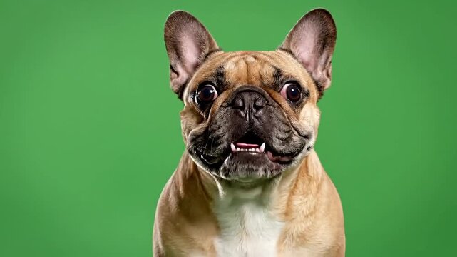 Expressive French Bulldog with wide eyes and open mouth, looking surprised against a vibrant green backdrop.