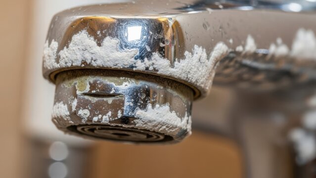 Limescale buildup is visible on old tap. This limescale problem affects water quality, and shows mineral deposits on chrome tap.