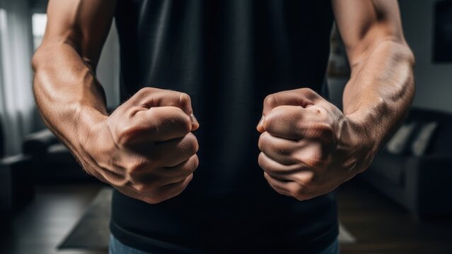Muscular arms demonstrating strength and fitness with visible veins show power, arms flexed near black shirt, fitness at home. Demonstrating strength,