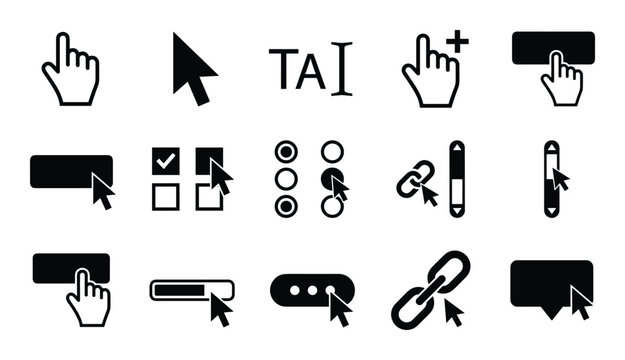 Cursor icon set. Mouse pointer vector illustration. Click hand signs. Text select elements collection.