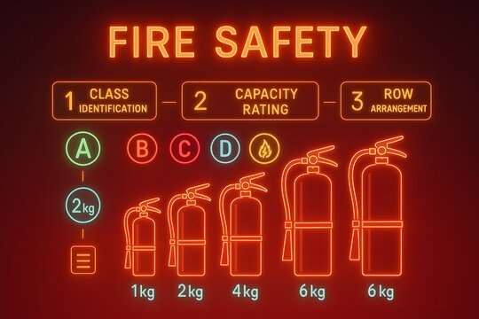 Fire extinguisher selection guide infographic with types and uses for home and business safety