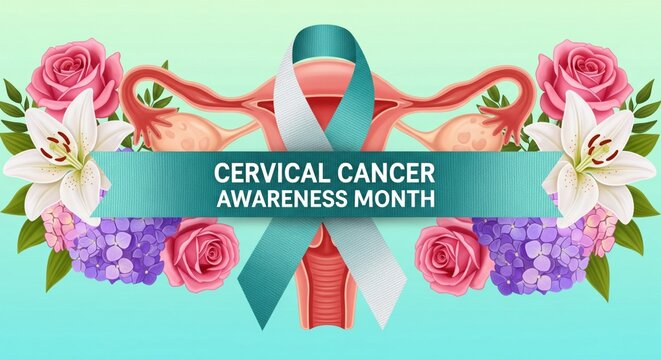Teal and white awareness ribbon with illustrated female reproductive system and floral elements. Cervical cancer awareness month - Powered by Adobe