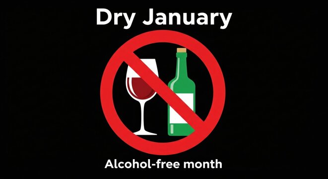 “Dry January” and “Alcohol-free month” text with a no-alcohol symbol showing crossed-out wine glass and bottle. Concept for sobriety campaigns, wellness promotions and healthy lifestyle ads