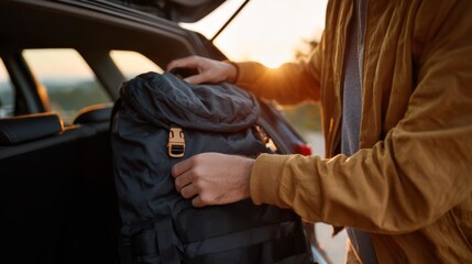 A young man packs a black backpack into the trunk of a car during a warm sunset.