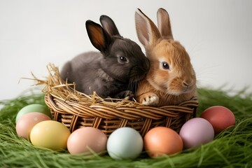 Two cute bunnies in a nest with easter eggs