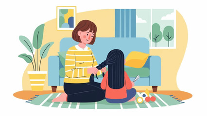 Caring mother gently combing her young daughters long hair.