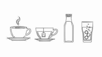 Outlined beverages including tea and water in various containers for refreshment.