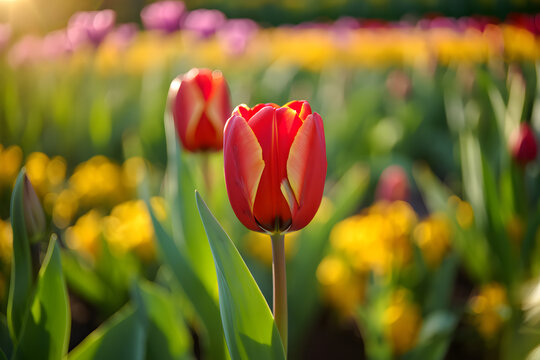 A colorful spring field of red and yellow tulip flowers in full bloom