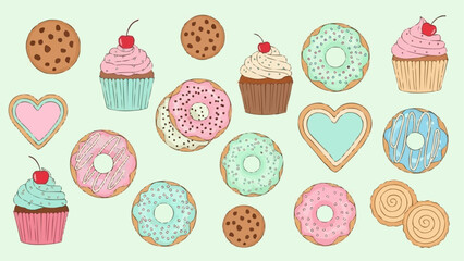 A colorful collection of hand drawn sweet desserts.