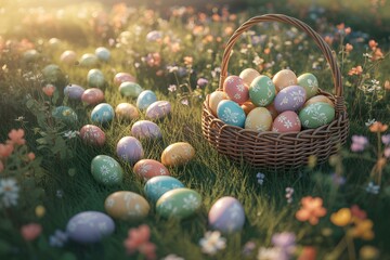 Easter eggs scattered in a sunny meadow