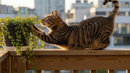 Obraz na płótnie Canvas Bengal cat smelling flower pot on deck of apartment building. Bengal cat with curious expression near green plant, enjoying sunshine and fresh air. Concept Bengal cat for pet care and city life.