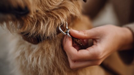 A close-up of a person fastening a dog leash on a furry, golden-brown dog, capturing a moment of companionship.
