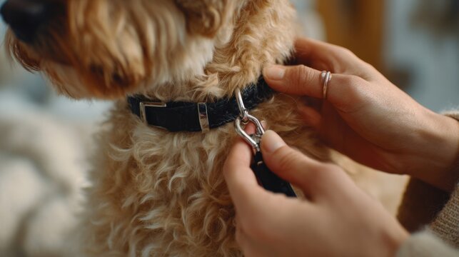 A close-up of a person's hand attaching a leash to a fluffy dog collar, showcasing a warm and affectionate moment.