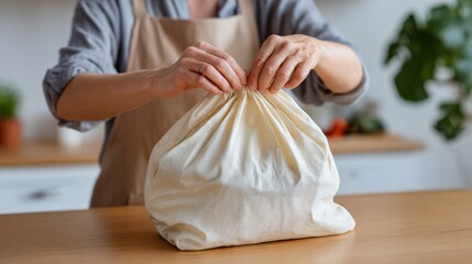 A female in a grey shirt and apron gathers a fabric bag filled with fresh produce in a bright kitchen.