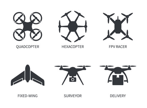 Drone types icon collection, quadcopter hexacopter fpv racer fixed-wing surveyor delivery drones symbols
