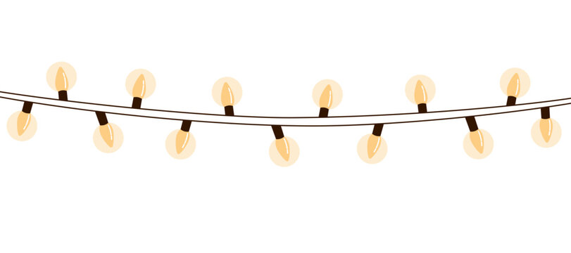 Cartoon vector illustration of a panoramic yellow Christmas light string isolated on transparent background. Clip art for festive banners and holiday decorations