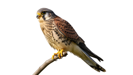 American kestrel perched on a branch looking alert in natural sunlight outdoors