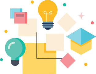 Creative brainstorming with sticky note shapes and ideas isolated on white background