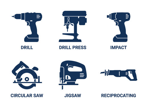 Electric power tools vector illustration. Drill drill press impact circular saw jigsaw reciprocating industrial equipment set.