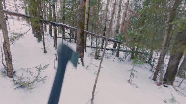 A man approaches a fallen tree and cuts its end with an axe. A tourist with an axe is harvesting firewood for himself. From the first person.