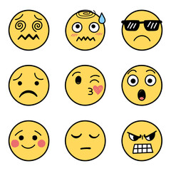 Emojis faces icons set collection in hand drawn style. Doddle emoticons vector illustration on isolated background. Happy and sad face sign business concept.