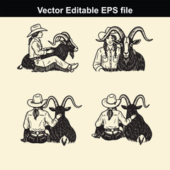 vector editable eps file featuring four illustrations of a cowgirl sitting with a large horned goat or ram in different poses, presented in a vintage sketch style