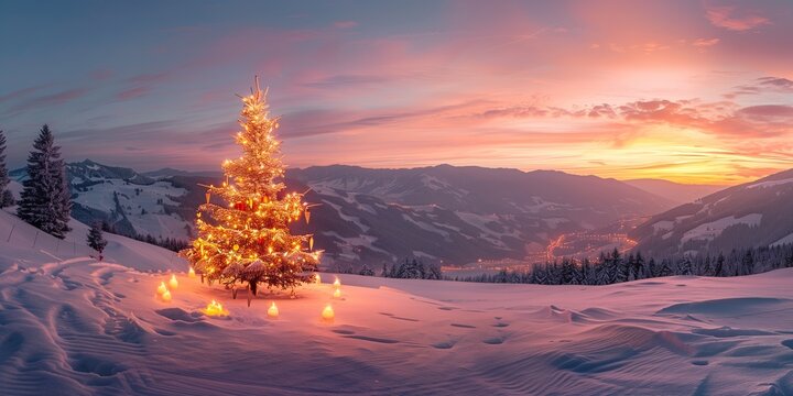 A Christmas tree with candles and lights stands lonely and romantic in a panoramic landscape with snow and mountains at sunset - Powered by Adobe