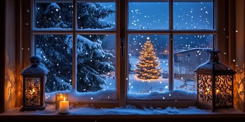 View through a romantic decorated window with lantern and candlelight to a romantically lit Christmas tree in the snow