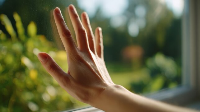 A delicate female hand reaching out to a sunlit garden through a window, capturing a moment of connection with nature.