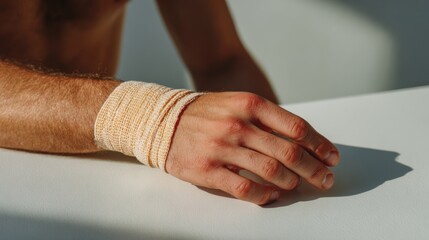 A close-up of a male's hand with a bandage wrapped around the wrist, symbolizing recovery and healing.