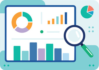 Data analytics dashboard with charts and magnifier isolated on white background