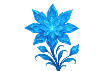 Blue crystal flower plant with glowing center and buds on a crystalline stem, magical fantasy illustration