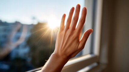 A close-up of a hand reaching out toward the sun, with soft light in the background, evoking a feeling of warmth and hope.
