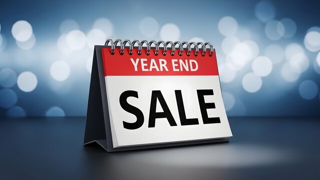 Year end sale spiral desk calendar with cool blue bokeh background, bold red header, clean black type, retail promotion concept, modern advertising layout.