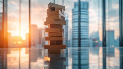 Strategic wooden block tower in a modern office symbolizes business risk, investment, and financial planning with a bright cityscape backdrop