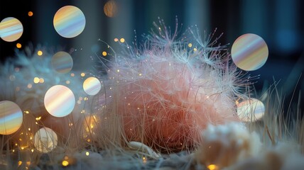 Dandelion seeds, fairy lights, and colorful translucent orbs create a whimsical and ethereal composition