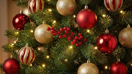 Festive Christmas Tree with Red and Gold Ornaments and Lights