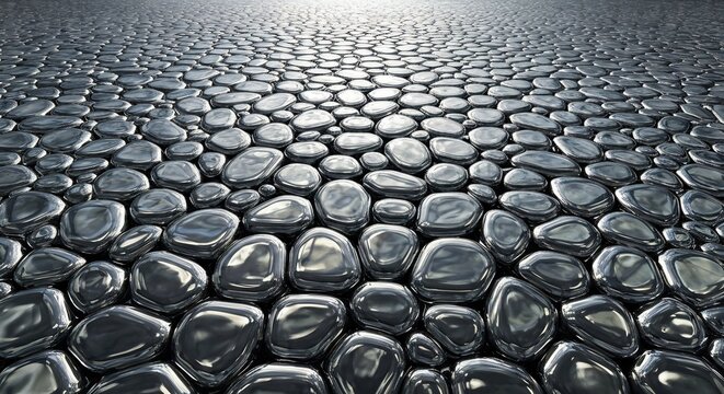 Shiny smoothed rocks of varying size cover a surface diminishing toward a bright horizon