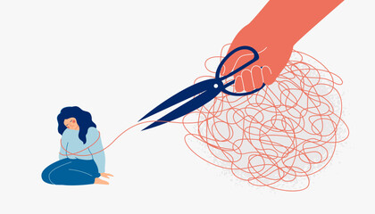 hand cuts the thread that connects woman with problems. Psychological help for people suffering from depression. Release and free from troubles.Break toxic links and relationships. vector illustration