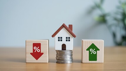 House model with interest rate trend arrows on wooden table
