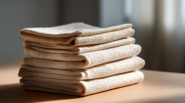 A neatly stacked pile of beige fabric towels on a wooden table, illuminated by soft natural light.