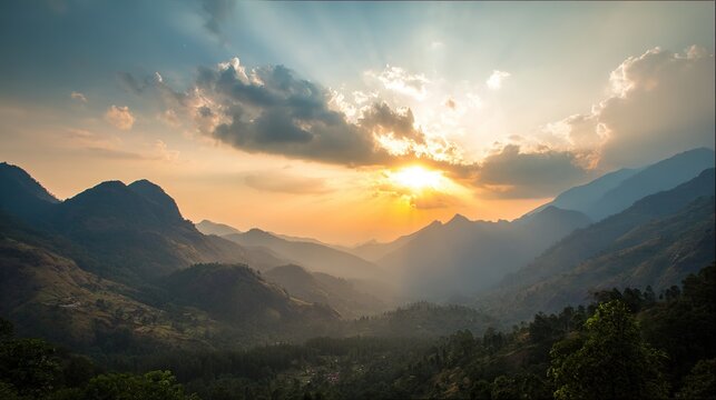 ridge. Golden sunrise light breaking through clouds over a peaceful mountain valley at dawn. travel magazines, destination branding, designed for outdoor magazines and nature guides.