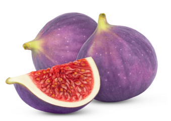Fresh figs isolated. Two fig fruits and cut in a quarter with clipping path.