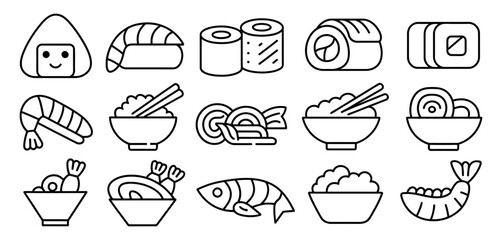 Collection of stylized japanese food icons, including sushi, sashimi, rice bowls, and shrimp, presented in a clean line art style for versatile graphic design applications. (140 characters)