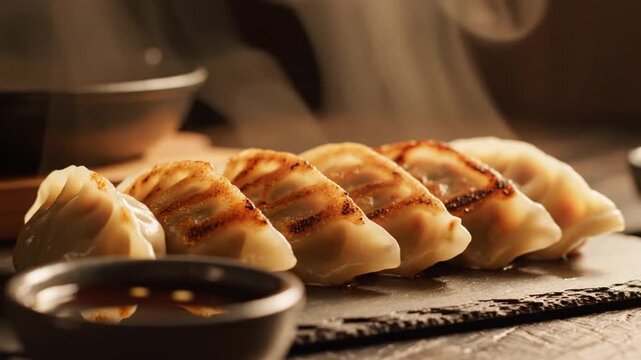full-view premium Korean gyoza-style mandu, golden sear lines, dark tabletop video