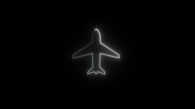 Neon glowing blue color airplane sign icon animation black background 4k video Biman icon neon airplane mode icon animation on black  neon icon. 4k video