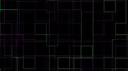 Abstract animation of geometric shapes with purple and green lines forming a futuristic tech background with a digital abstract wave pattern on a black background.